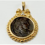 Ancient Roman Bronze coin Constantius II A.D. 336-361 in 18kt Gold Diamond Pendant